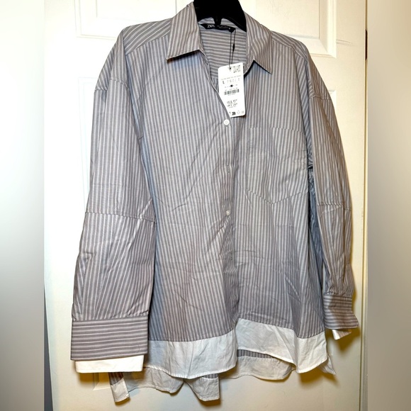 Zara Taupe & White Striped Button Up Twofer Oversized Blouse Large NWT - Picture 1 of 9